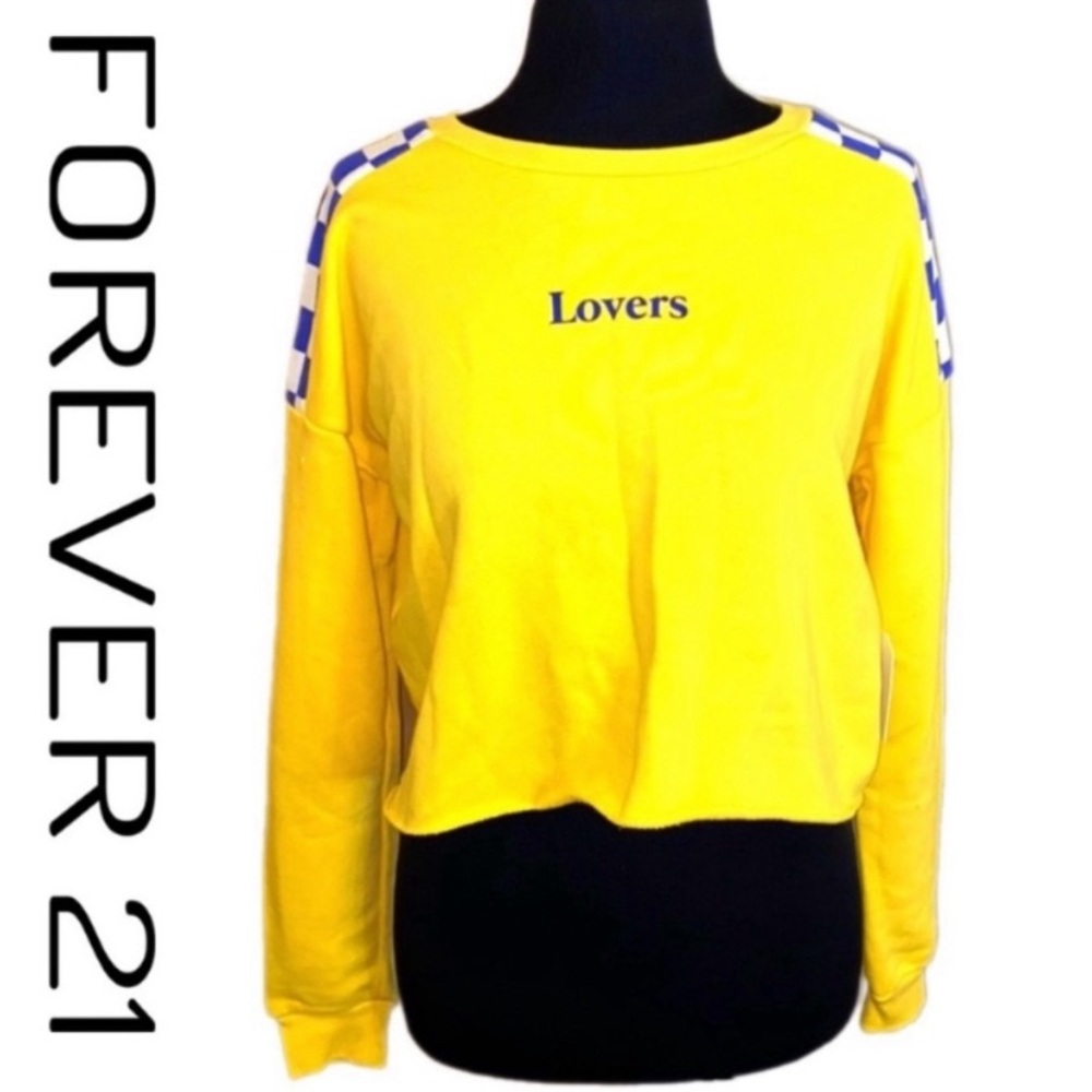 Forever 21 Long Sleeve Athletic Crop Top Sweater Size S Small Yellow Blue NWT